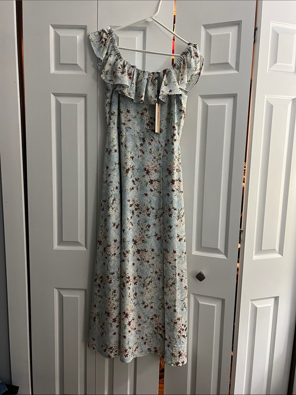 BCBG One-Shoulder Light Blue Floral Ruffle Dress